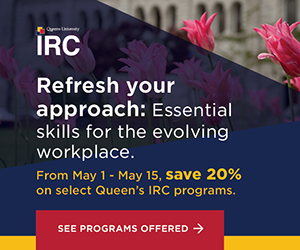 Promotional banner for Queen's IRC: 'Refresh your approach' with 20% off select programs from May 1–15; includes 'See programs offered' button.