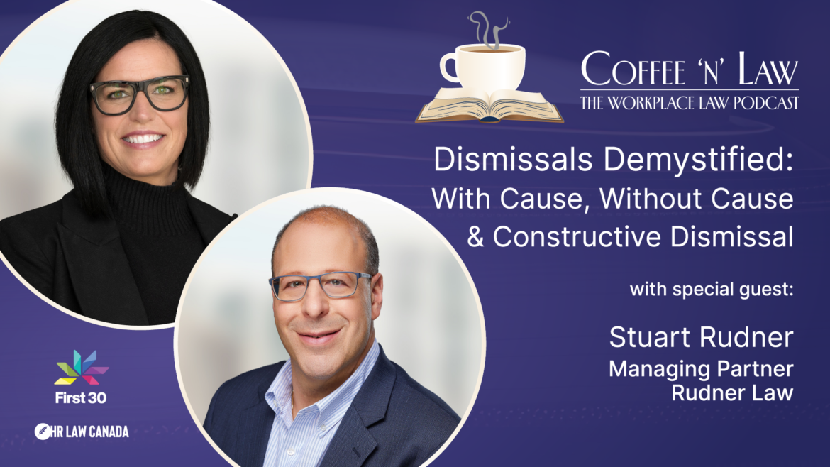 Podcast banner for Coffee 'N' Law with two circular host photos, a coffee cup and book logo, and the title 'Dismissals Demystified' on a blue background.