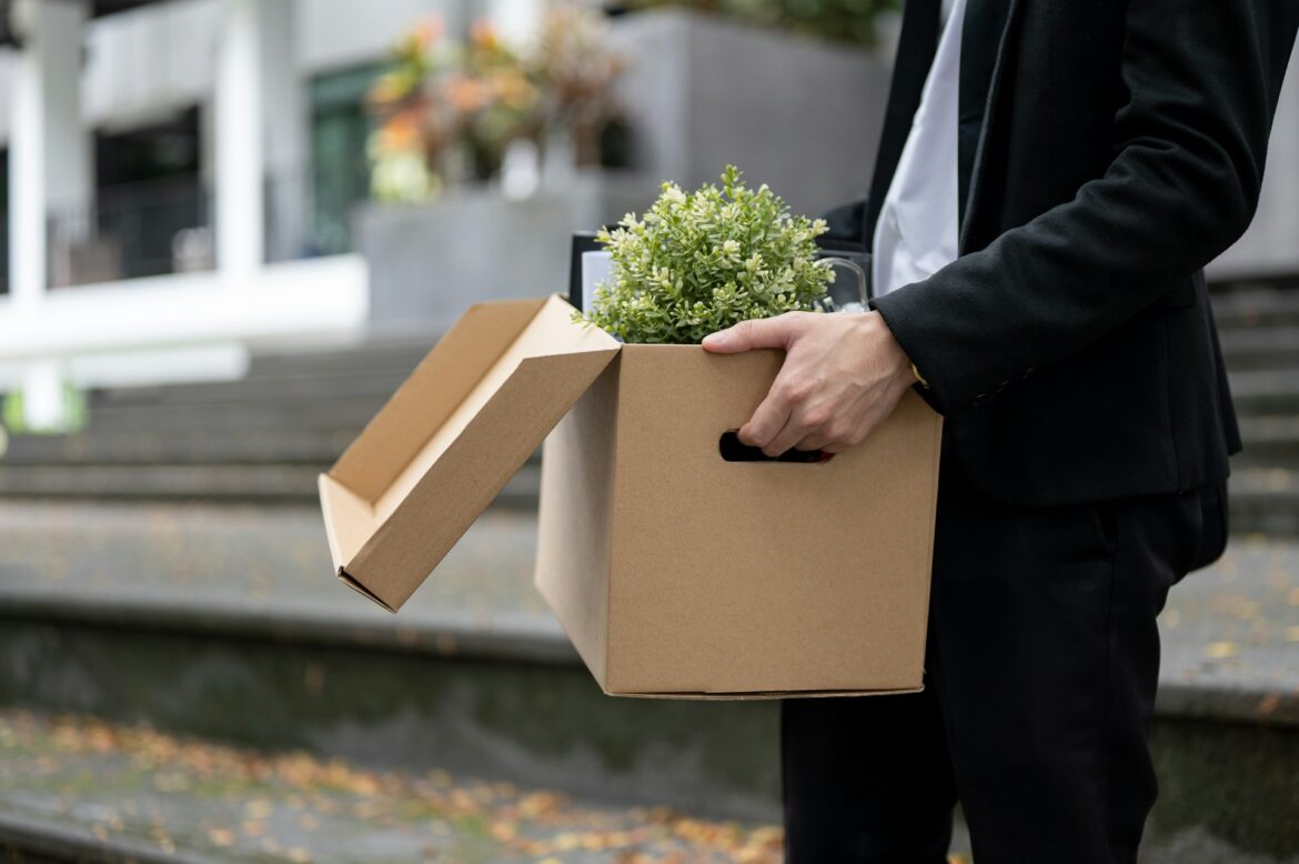 Person in a black suit carrying a cardboard delivery box with a green potted plant inside