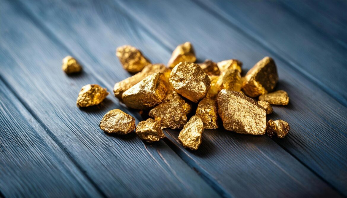 Pile of rough gold nuggets scattered on a weathered blue wooden surface.