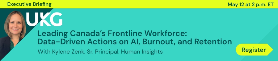 UKG Executive Briefing banner: Data-Driven Actions on AI, Burnout, and Retention with Kylene Zenk; Register button on the right.