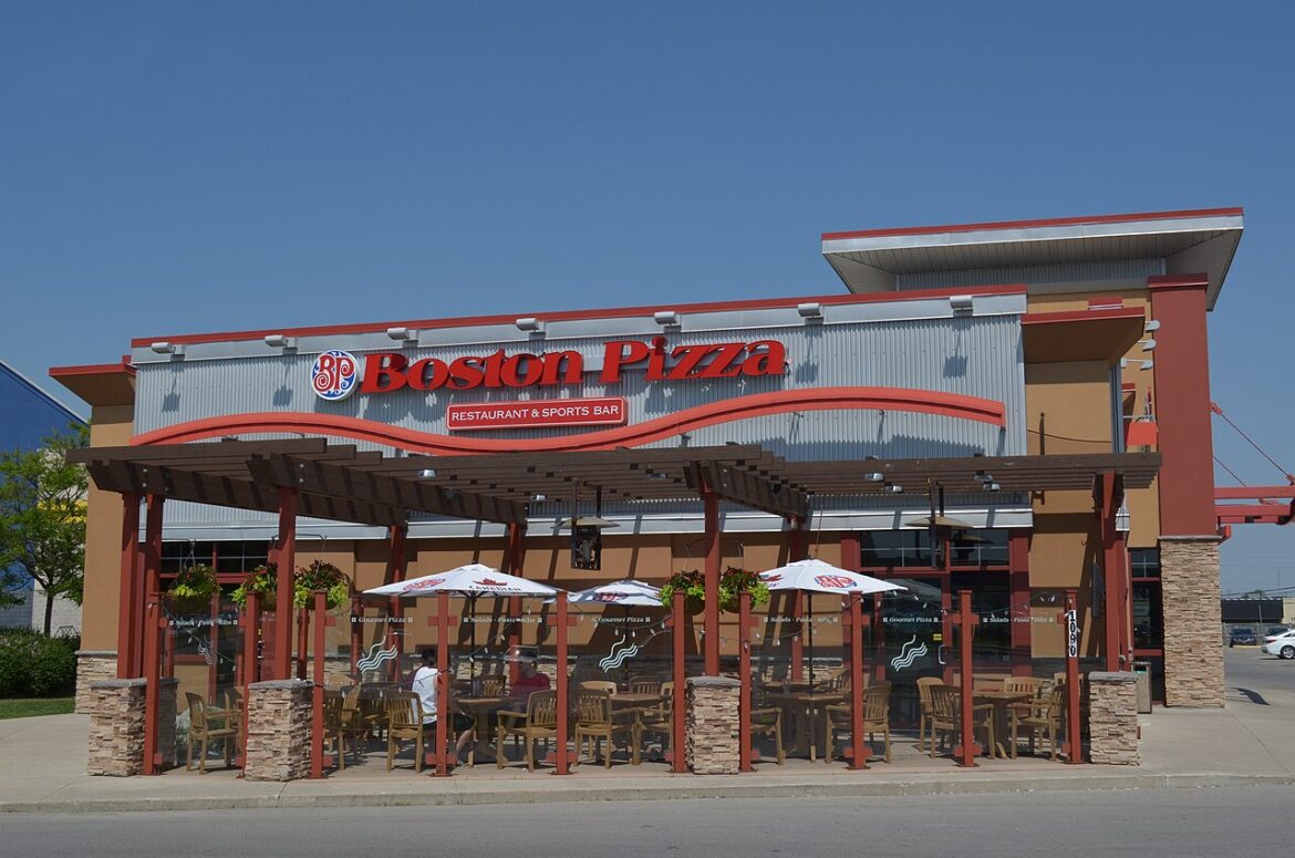 Boston Pizza exterior with a covered outdoor dining patio and red sign lettering.