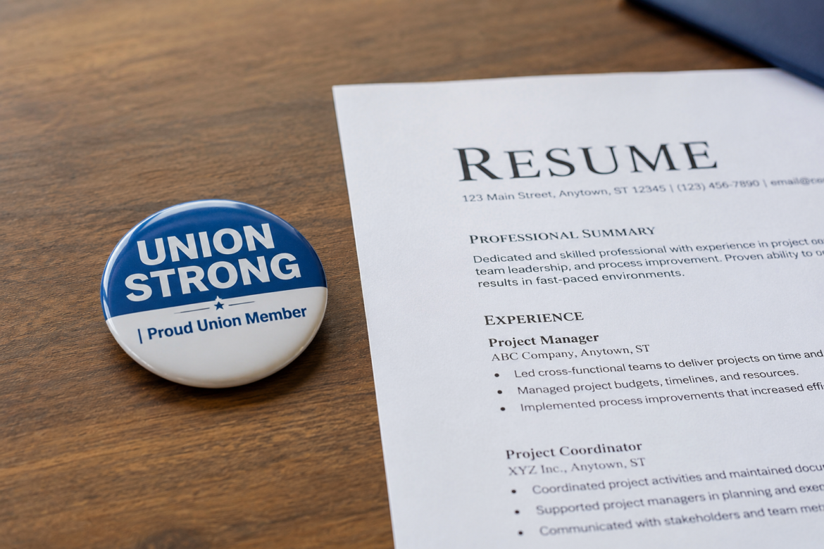Blue circular 'Union Strong' badge reading 'Proud Union Member' beside a resume on a wooden desk.