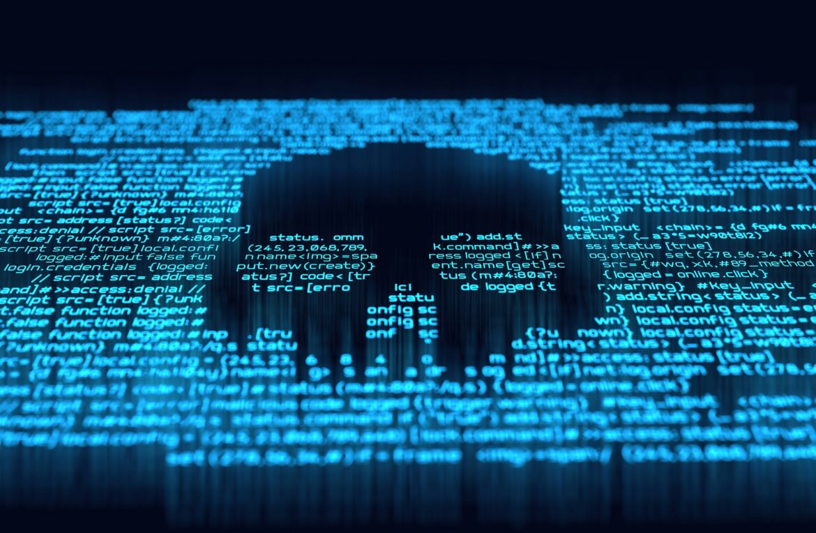 Blue glowing lines of code streaming across a dark background, representing computer programming and data
