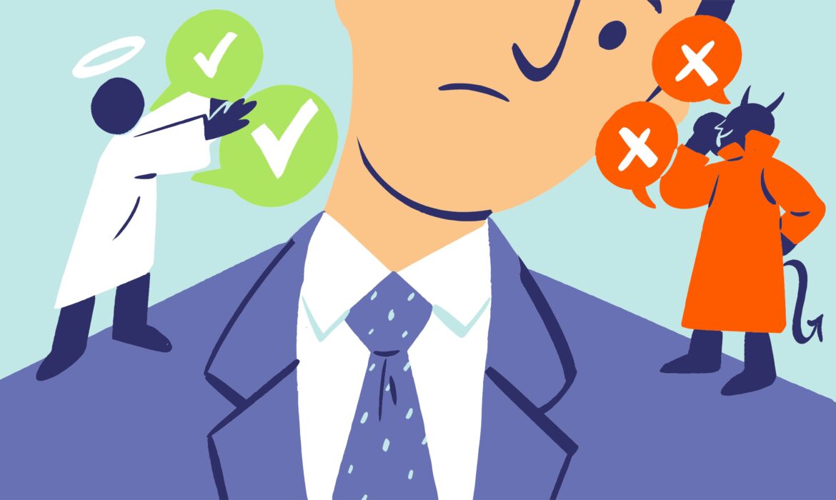 Abstract illustration: a person in a suit with green check marks and orange cross icons representing agreement and disagreement around them.