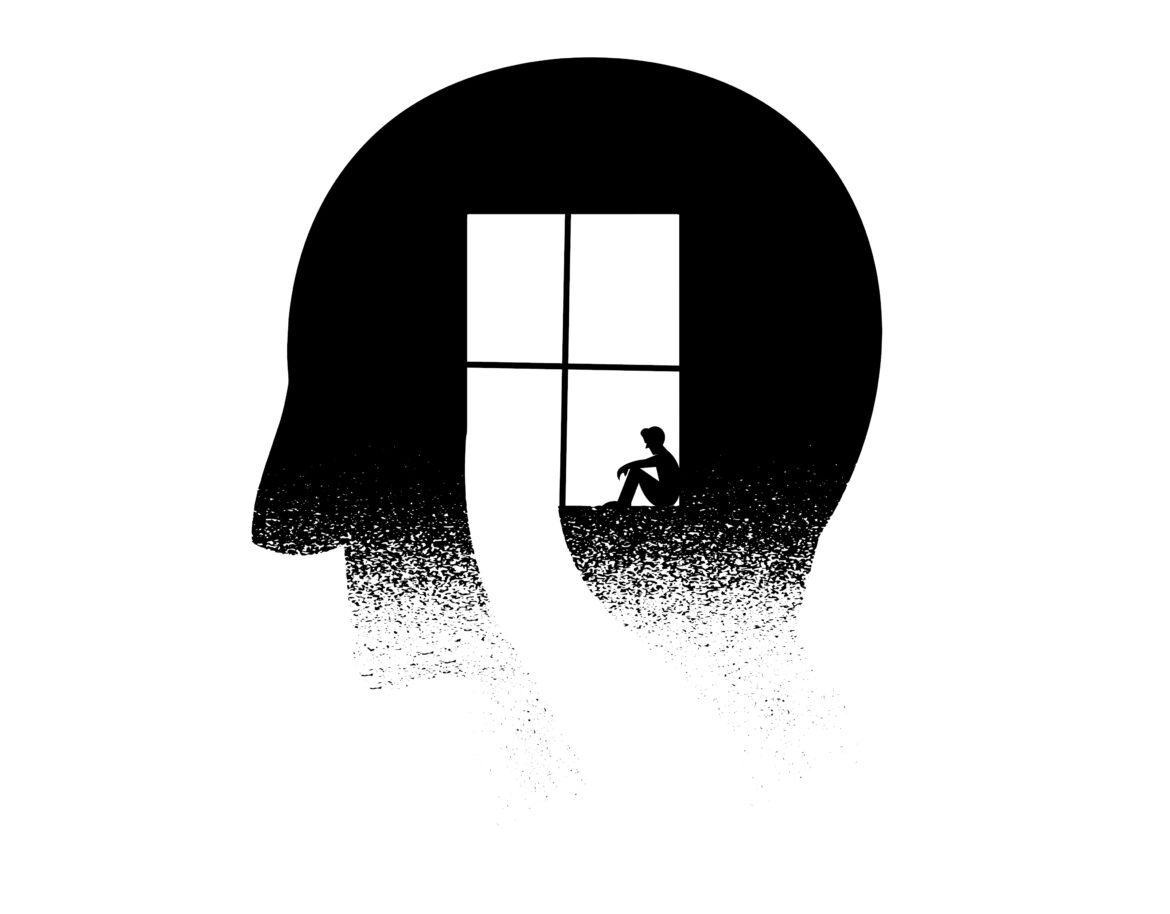 Silhouette of a person sitting by an open doorway inside a large black circle on a speckled ground.