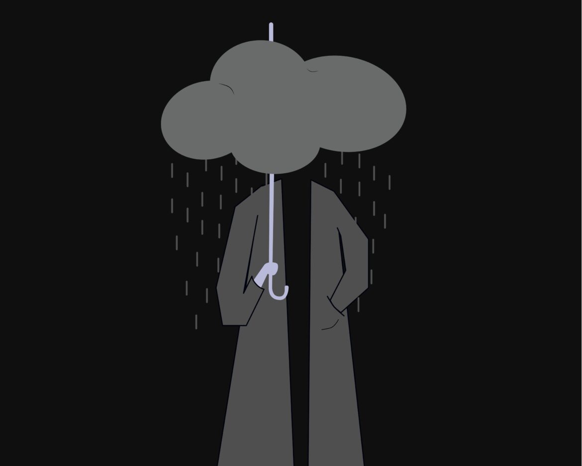 Person in a dark suit under a large gray cloud rain cloud, raindrops falling, holding a light purple umbrella handle