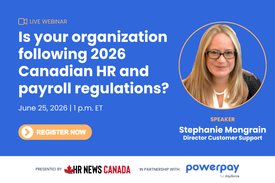 Webinar promo banner: 'Is your organization following 2026 Canadian HR and payroll regulations?' with speaker Stephanie Mongrain.