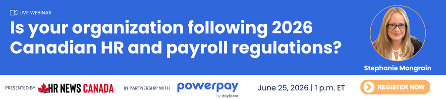 Blue webinar banner asking if your organization is following 2026 Canadian HR and payroll regulations, with host Stephanie Mongrain photo on the right and a Register Now button.