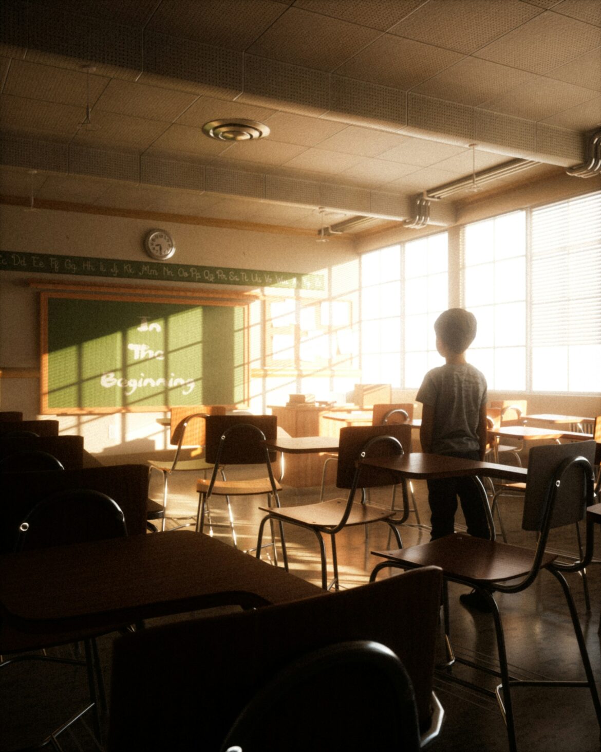 A student stands at the back of a sunlit classroom with desks, chairs, and a chalkboard.