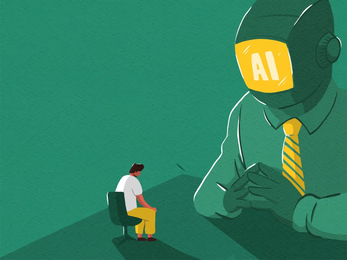 Two hikers sit on a green hillside, gazing up at a colossal green robot wearing a yellow striped tie.