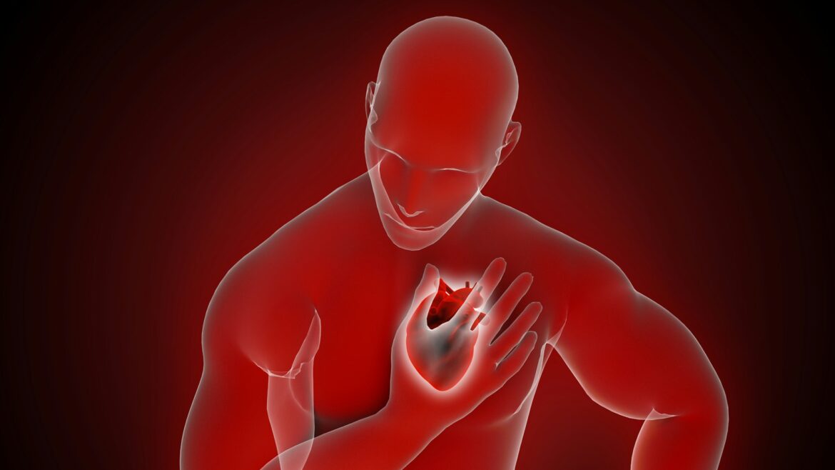 Red translucent person clutching the chest with a glowing heart, illustrating chest pain or heart attack symptoms.