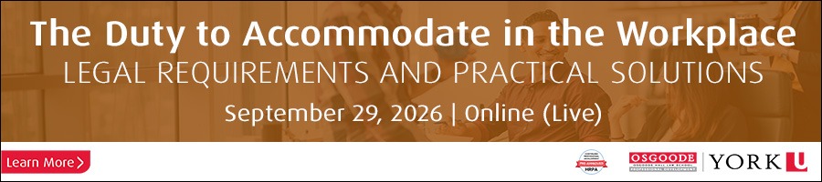 Webinar banner: The Duty to Accommodate in the Workplace, Sept 29, 2026 online; Learn More button; Osgoode and York logos.