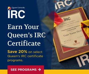 Banner ad for Queen's IRC certificate programs: 'Earn Your Queen’s IRC Certificate' with 'Save 20%' and a red 'See Programs' button.