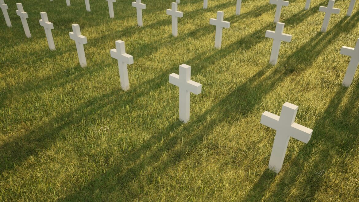 Rows of white crosses marking graves in a sunlit grassy field, extending into the distance