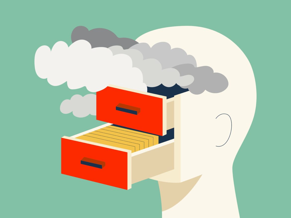 Abstract illustration of a large white head on the right with a red open cabinet and gray smoke clouds rising around it.