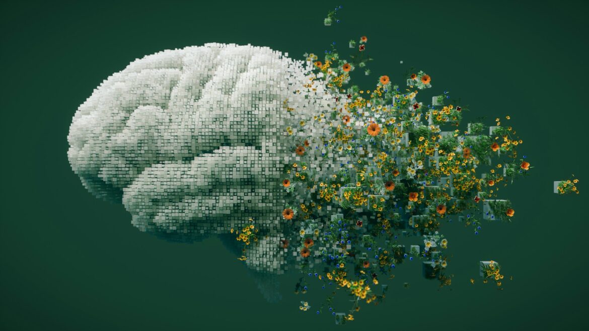 Abstract artwork of a pixelated brain dissolving into colorful flowers against a dark green background.