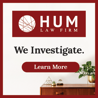 Ad for HUM Law Firm showing the logo, the slogan 'We Investigate.', a red 'Learn More' button, and a desk with a plant.