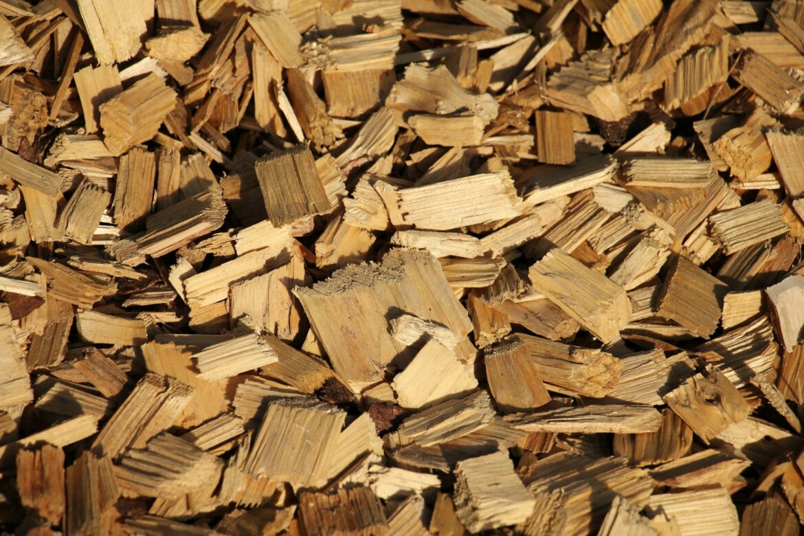 Close-up of countless light-brown wood chips forming a dense pile.