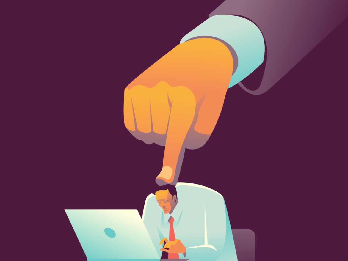 Abstract illustration showing a large orange fist looming over a man in a light blue shirt reading a document at a desk, suggesting pressure or intimidation.