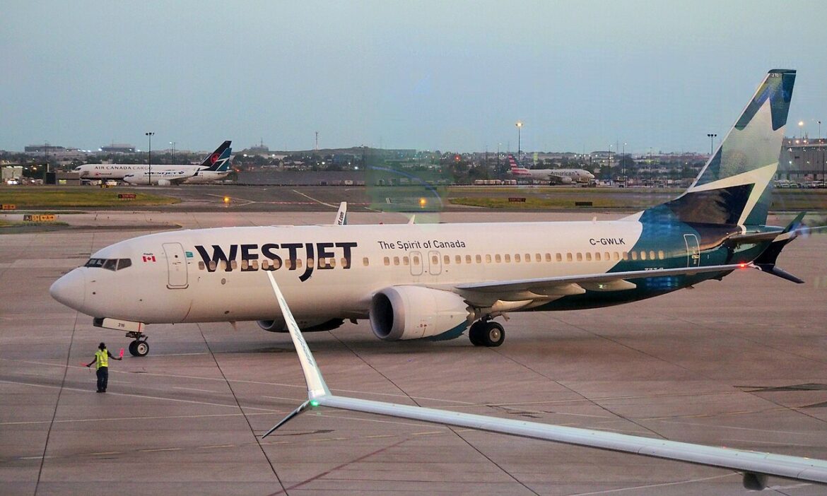 WestJet passenger jet on the tarmac with ground crew guiding it; other planes and airport buildings in the background.