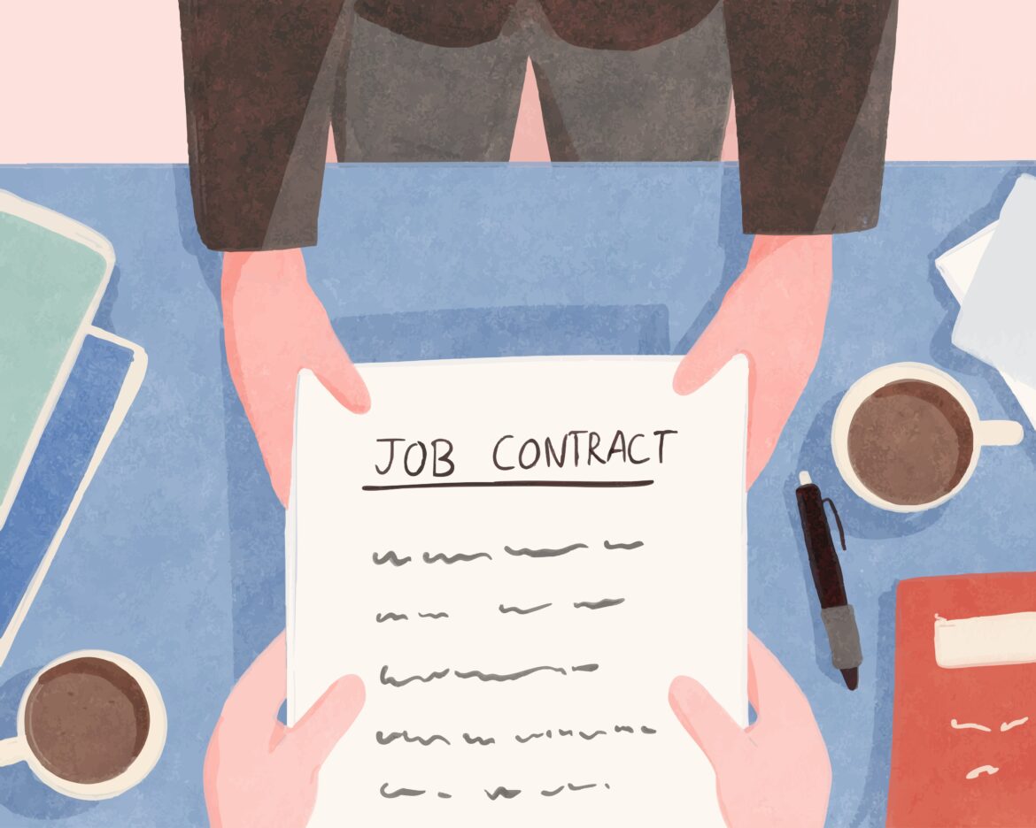 Top-down view of a person signing a job contract at a blue desk, with coffee, papers, and a pen nearby in a pastel illustration.